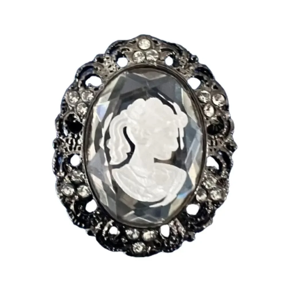 Vintage Black Metal Holographic Cameo Diamondesque Brooch‎